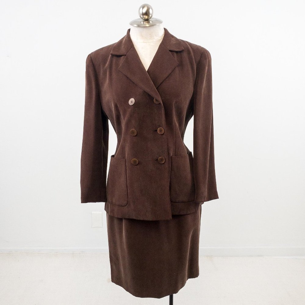 Vintage 90s M Sueded Silk Skirt Power Suit Brown